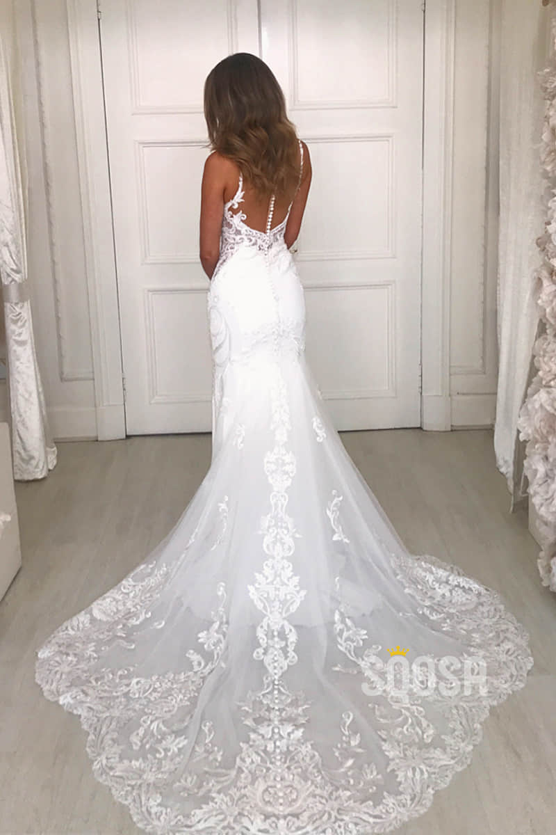Sheath/Column Wedding Dress Chic Lace Appliques Bohemian Wedding Gowns QW2109|SQOSA