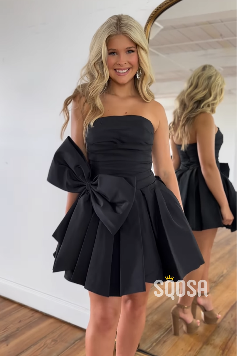 A-Line Strapless Satin Bowknot Black Short Homecoming Dress Cheap QH2415