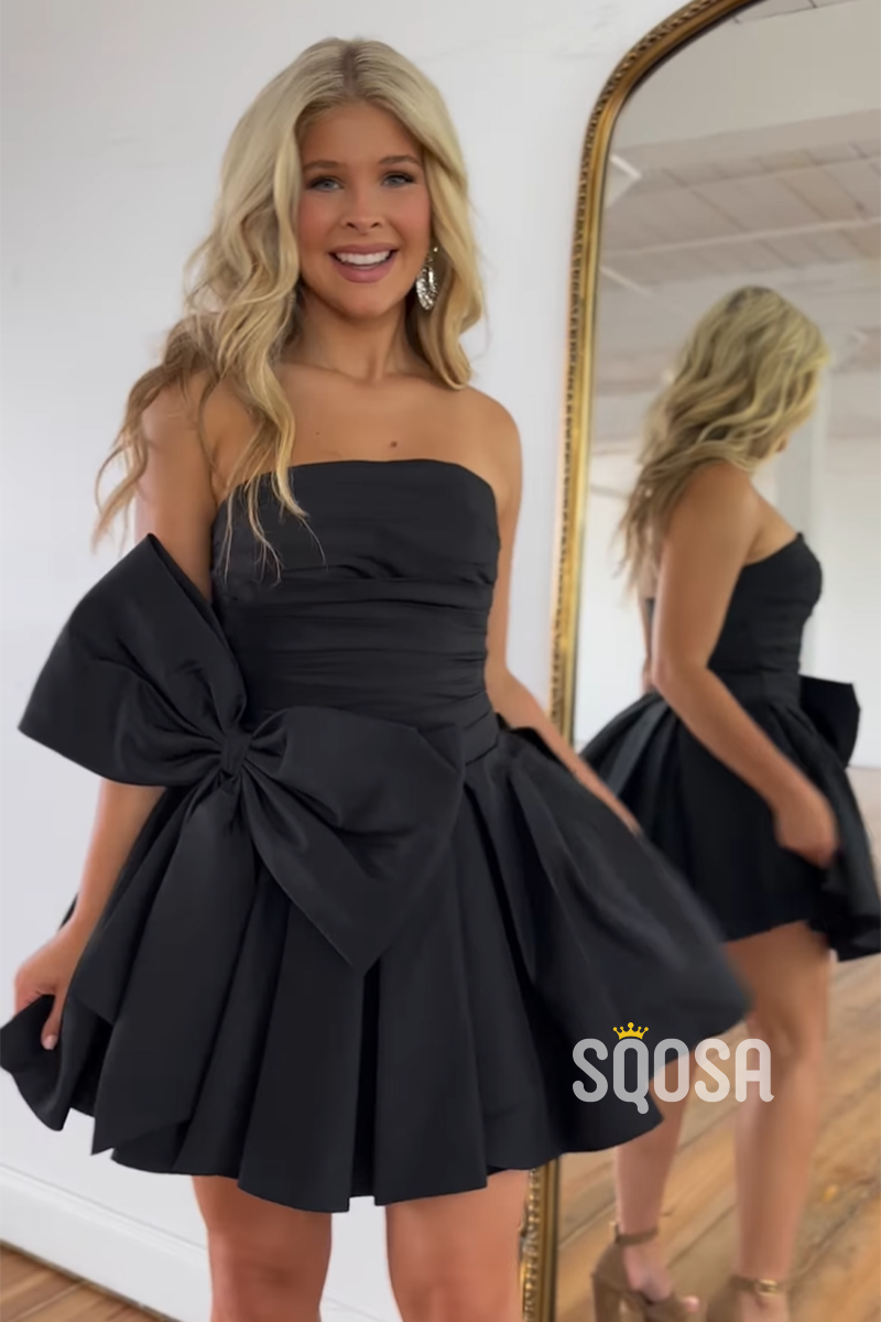 A-Line Strapless Satin Bowknot Black Short Homecoming Dress Cheap QH2415