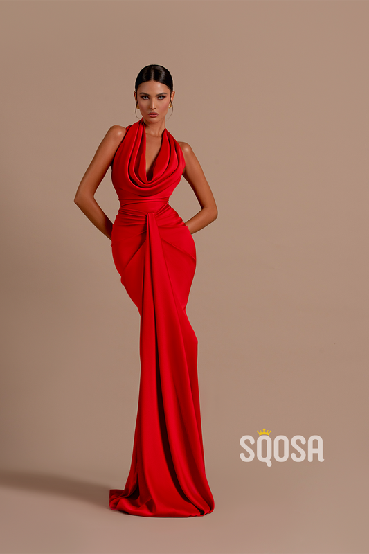 Sexy V neck Pleats Red Mermaid Long Formal Party Dress QP2531