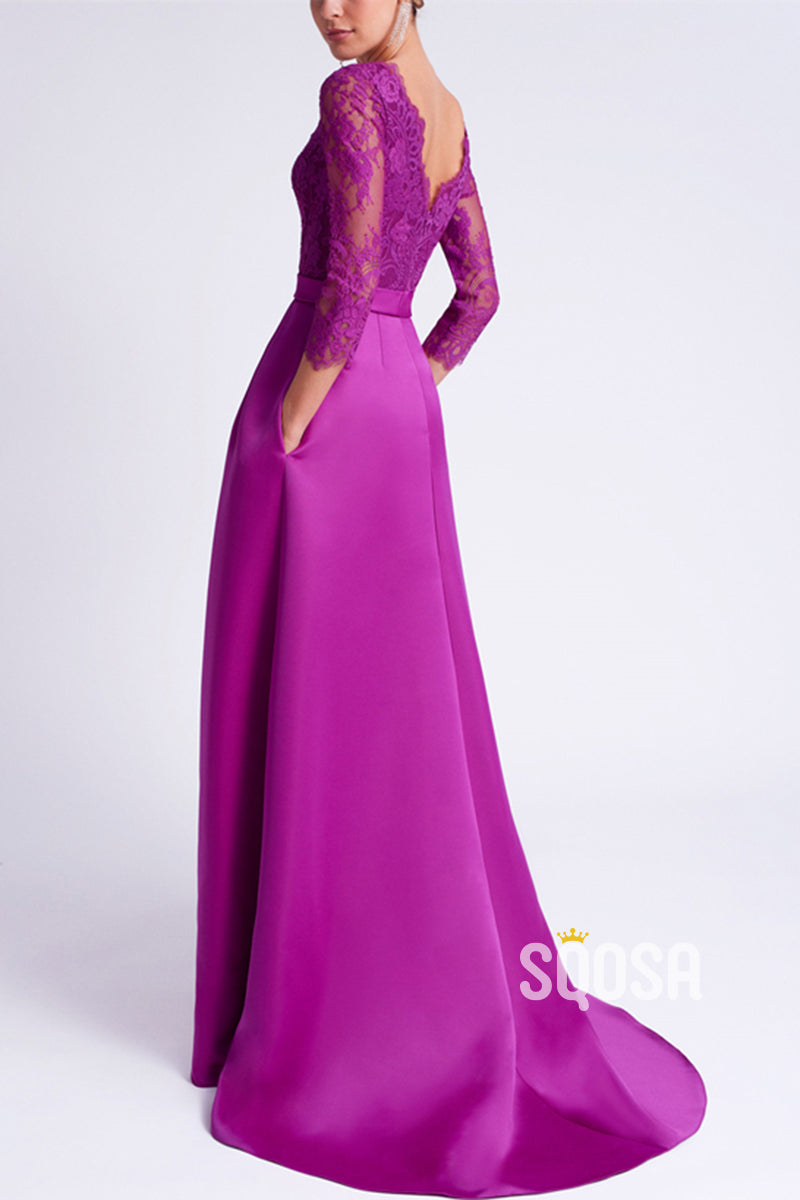 Scoop 3/4 Sleeves A-Line Two Tone Mother of the Bride Dress QM3315