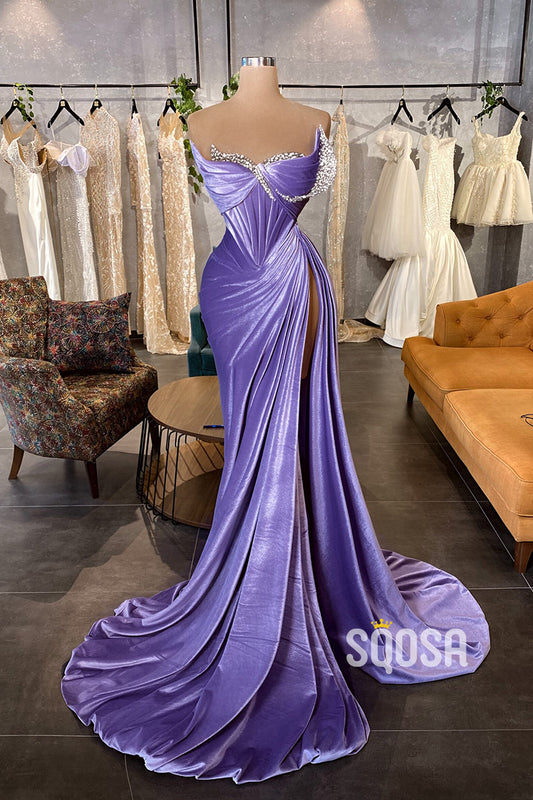 Velvet Purple Beaded Strapless Pleats Long Prom Dress With Slit Evening Gowns QP3178