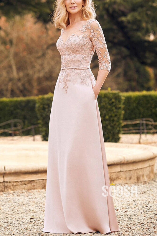 Chic A-Line V-Neck 3/4 Sleeves Lace Applique With Pockets Mother of the Bride Dress QM3309