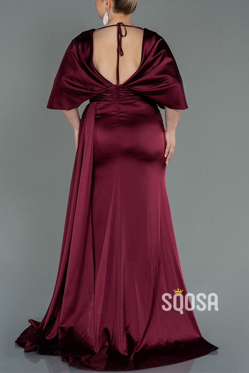 Simple Trumpet V-Neck Empire With Side Slit Mother of the Bride Dress QM3310