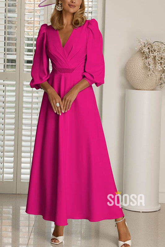 Casual A-Line V-Neck 3/4 Sleeves Mother of the Bride Dress QM3319