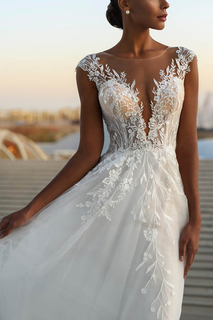 A Line Illusion Neckline Lace Appliques Rustic Wedding Dress QW2646