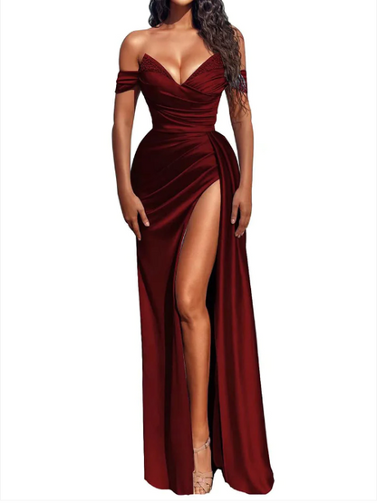 Sexy V-Neck Pleats Long Prom Dress with Slit QP2943