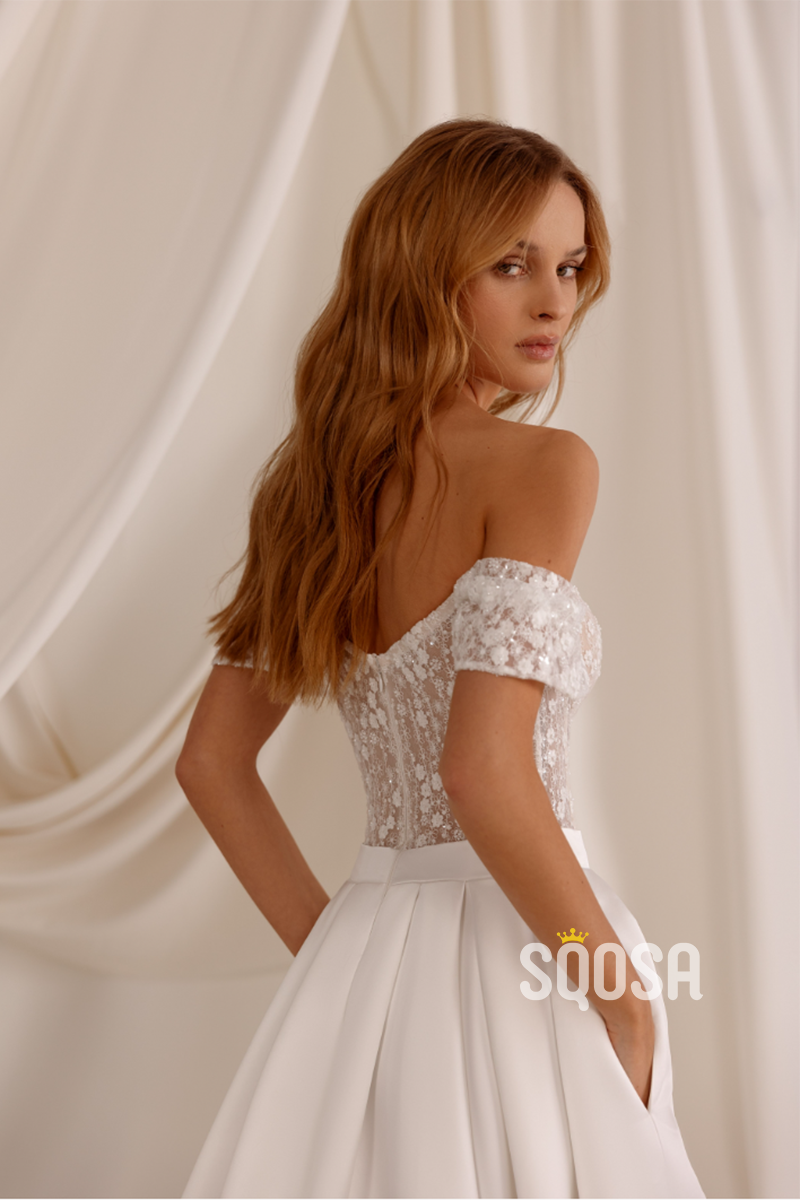 Illusion A-Line Off-Shoulder Satin Wedding Dress Bridal Gowns With Train QW8060