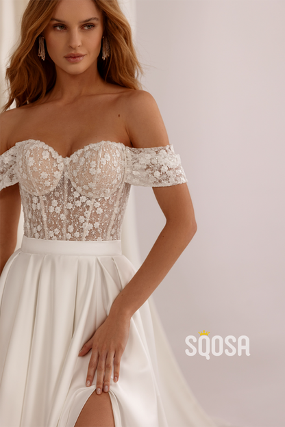 Illusion A-Line Off-Shoulder Satin Wedding Dress Bridal Gowns With Train QW8060