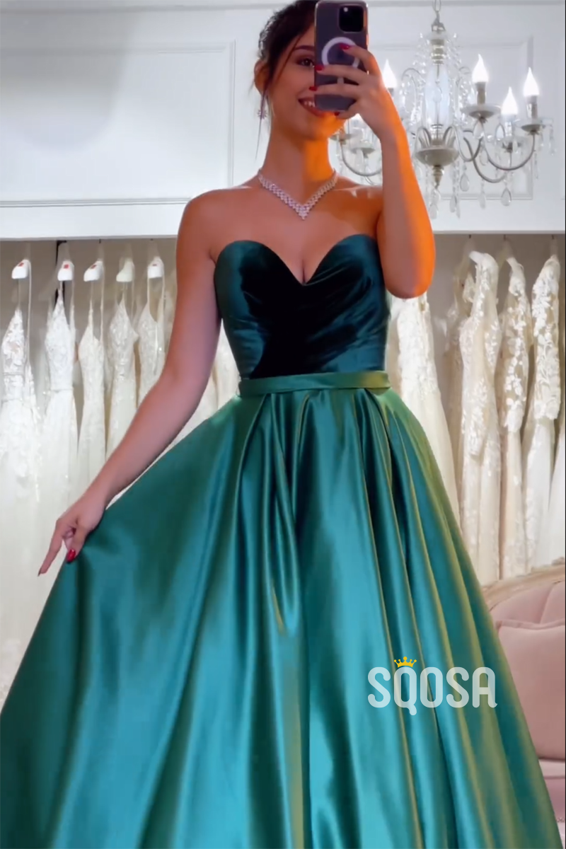 A-Line Velvet Strapless Green Satin Long Prom Dress Evening Gowns QP3198
