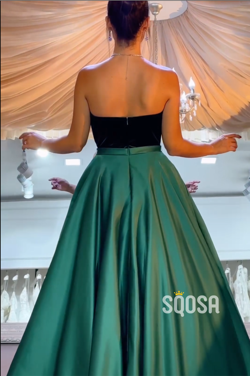 A-Line Velvet Strapless Green Satin Long Prom Dress Evening Gowns QP3198