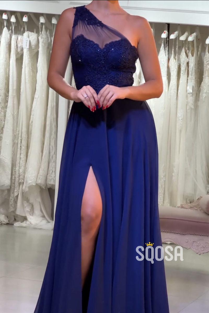 A-Line One Shoulder Chiffon Lace Blue Long Prom Dress With Split Evening Gowns QP3203