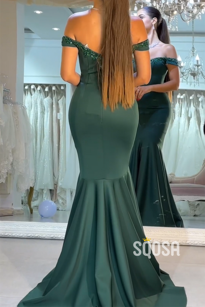 Mermaid Off-Shoulder Beaded Green Long Prom Dress t Evening Gowns QP3204