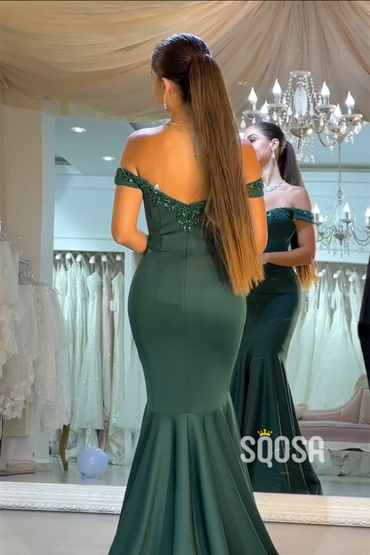 Mermaid Off-Shoulder Beaded Green Long Prom Dress t Evening Gowns QP3204