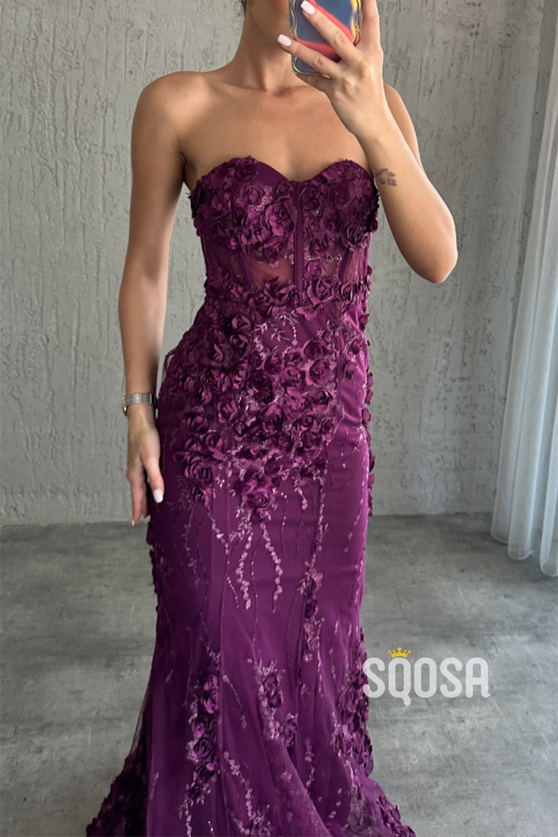 Mermaid Strapless Applique Illusion Long Prom Dress Evening Gowns QP3222