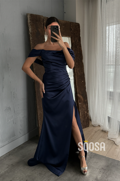 Off-Shoulder Satin Pleats Long Prom Dress With Split Evening Gowns QP3224