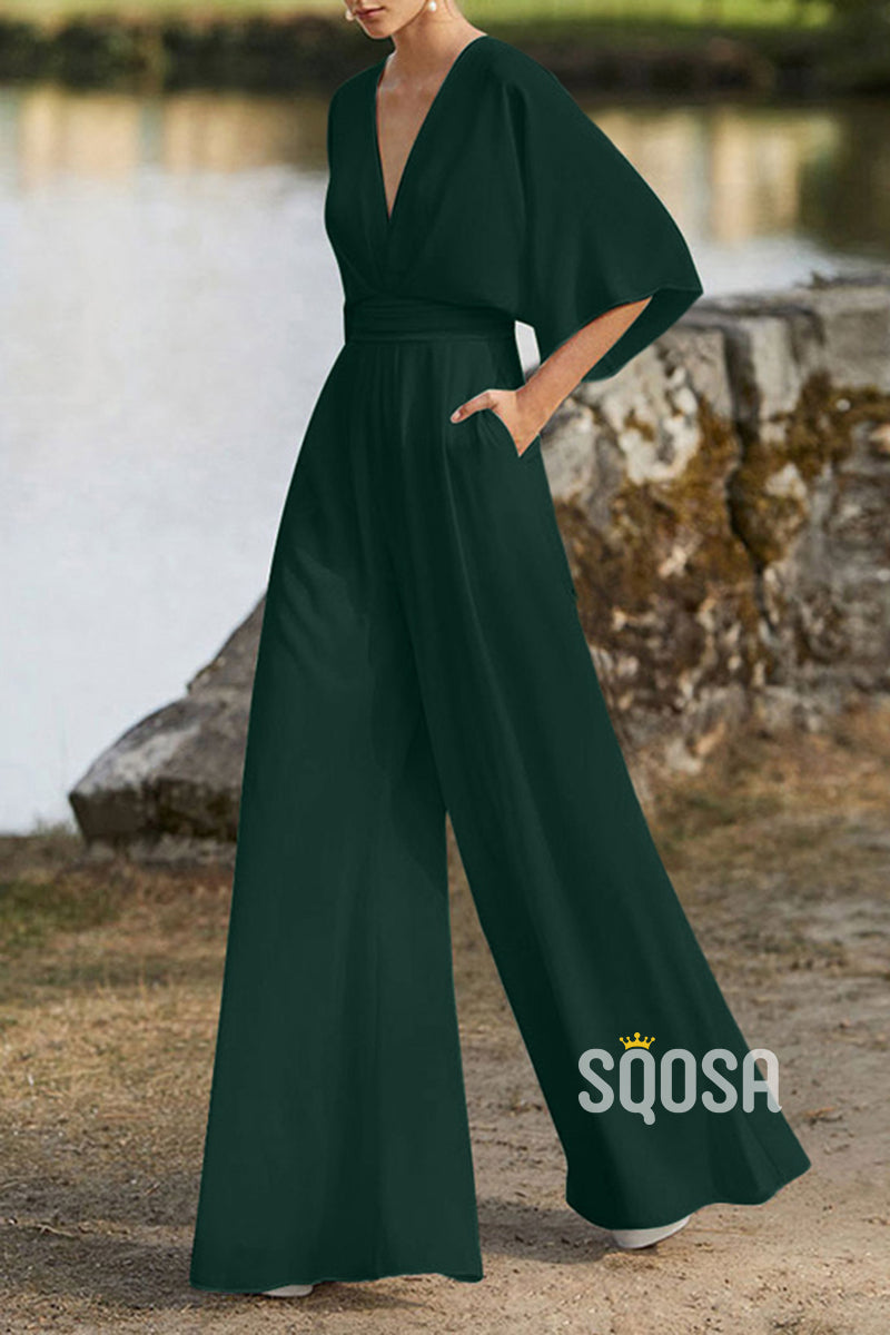 Casual V-Neck Half Sleeves Empire Jumpsuit Mother of the Bride Dress QM3318