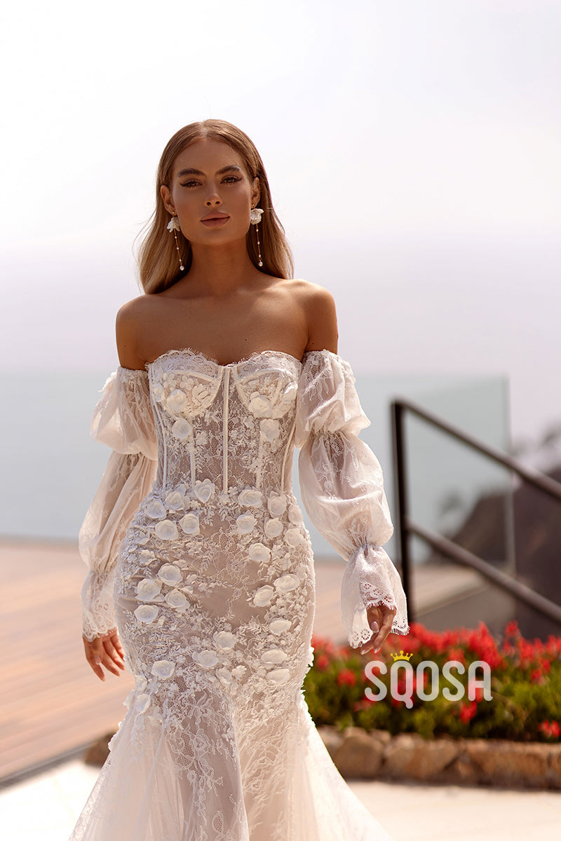Luxurious Off-Shoulder Lace Applique Floral Boho Dress Bridal Gowns With Train QW8078