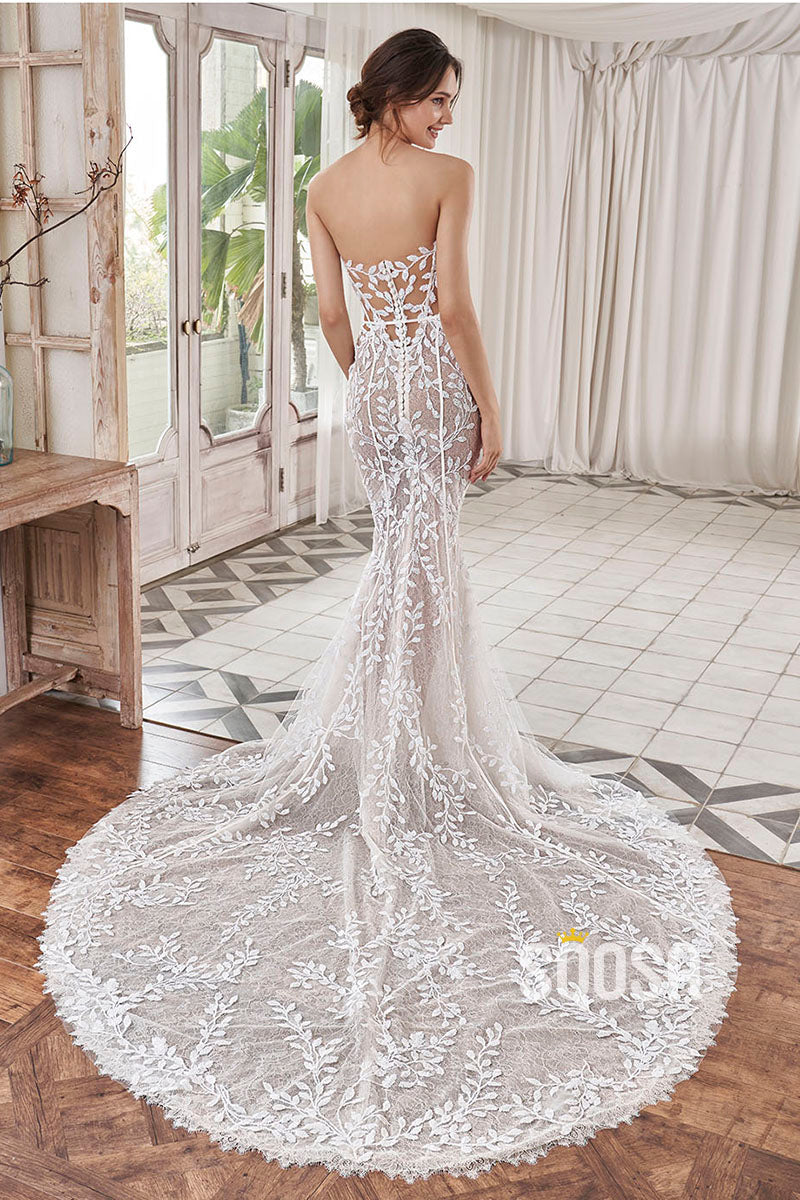 Illusion Sweetheart Mermaid Applique Wedding Dress Bridal Gowns With Train QW8040