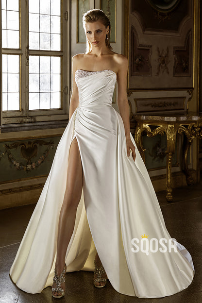 A-Line Pearls Strapless Satin Casual Wedding Dress Bridal Gowns With Split QW8045