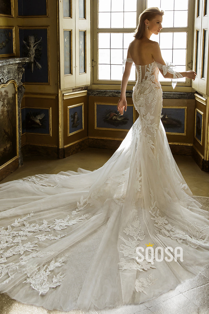 Illusion Mermaid Strapless Applique Sweep Train Wedding Dress Bridal Gowns QW8039