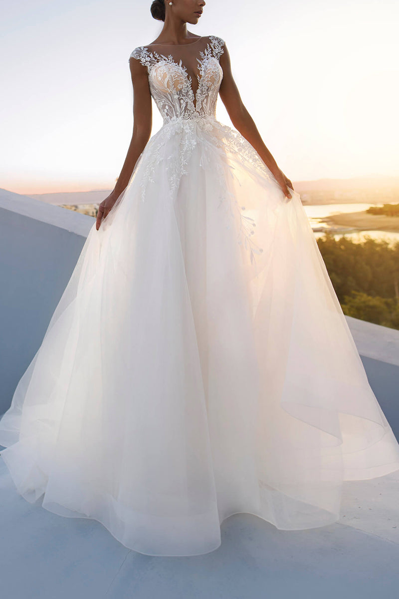 A Line Illusion Neckline Lace Appliques Rustic Wedding Dress QW2646