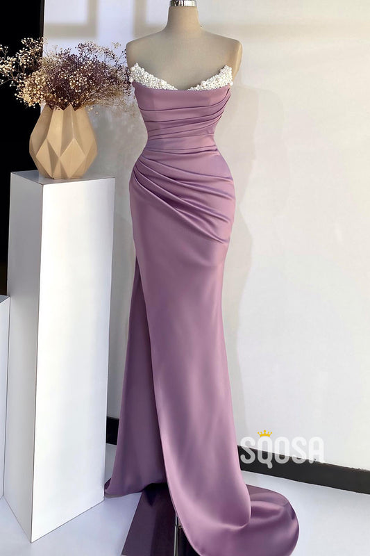V-Neck Strapless Beaded Pleats With Side Slit Party Prom Evening Dress QP3349