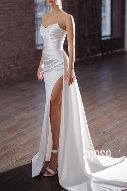 Satin Strapless Sleeveless Pleats With Side Slit Train Wedding Dress QW8142