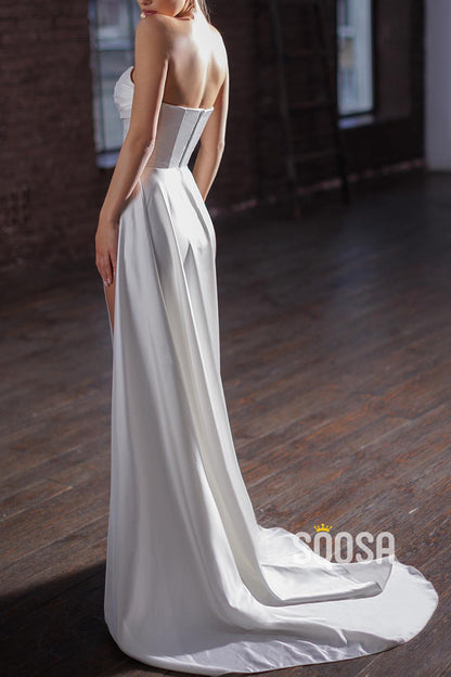 Satin Strapless Sleeveless Pleats With Side Slit Train Wedding Dress QW8142