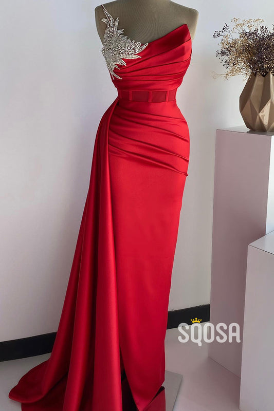 One Shoulder Ruched Beaded With Side Slit Party Prom Evening Dress QP3341