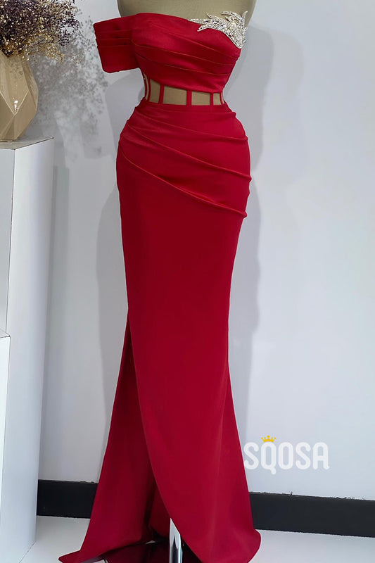 One Shoulder Fitted Illusion Beaded With Side Slit Party Prom Evening Dress  QP3342