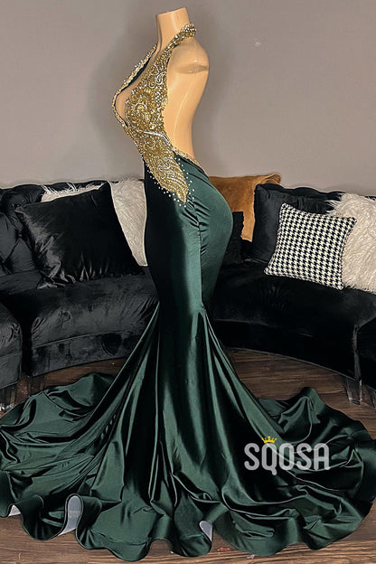Sexy Halter Open Back Appliques Party Prom Evening Dress For Black Women QP3519