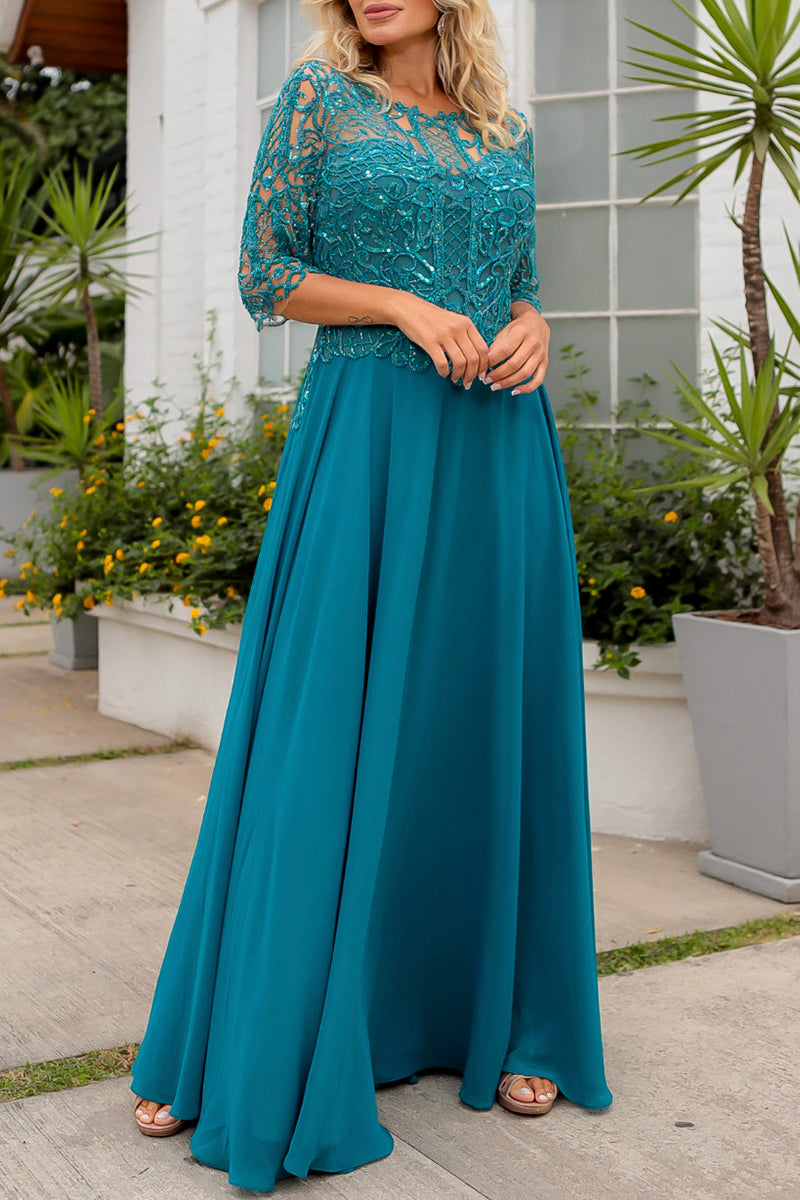 A line Scoop 3/4 Sleeves Beads Chiffon Elegant Mother of the Bride Dress QM3214