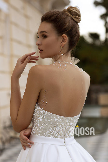 Illusion neckline Pearls Strapless Satin Wedding Dress Bridal Gowns With Train QW8073