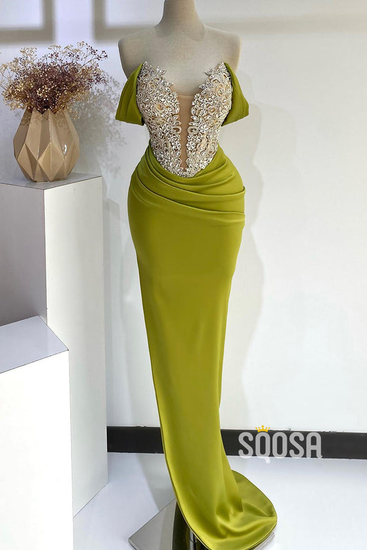 Off-Shoulder Beaded Pleats With Side Slit Party Prom Evening Dress QP3343