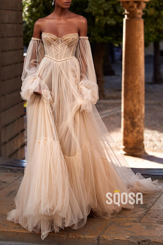 Tulle A-Line Off-Shoulder Beaded Sheer Wedding Dress QW8141