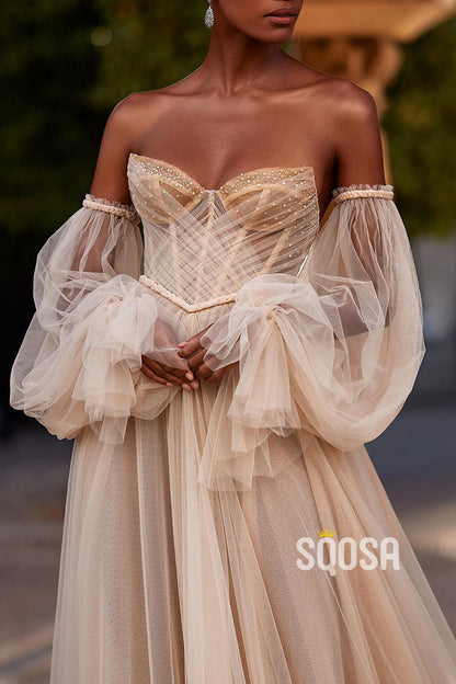 Tulle A-Line Off-Shoulder Beaded Sheer Wedding Dress QW8141