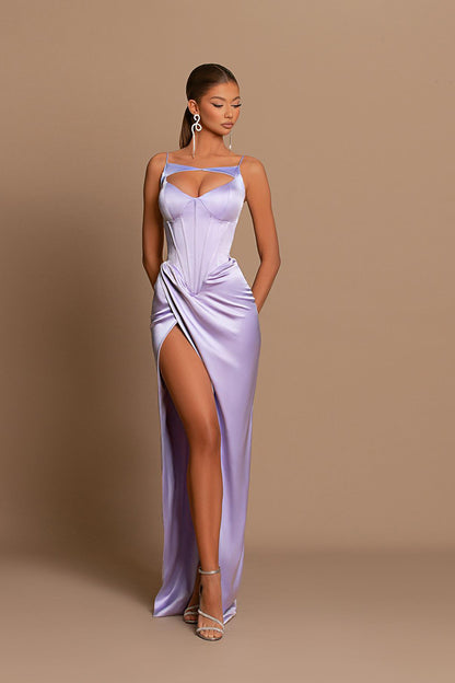 Sheath Satin Pleated Side Slit Long Lilac Bridesmaid Dress QB3054