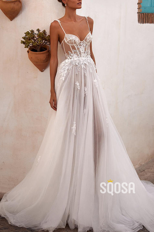 Sheer Tulle A-Line Spaghetti Straps Sleeveless  Appliques Wedding Dress QW8140