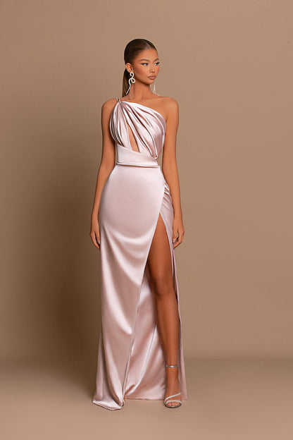 Unique One Shoulder Satin Pleated Side Slit Long Blush Pink Bridesmaid Dress QB3061