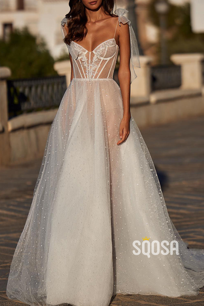 V-Neck Spaghetti Straps A-Line Sheer Tulle Sequined Wedding Dress QW8139