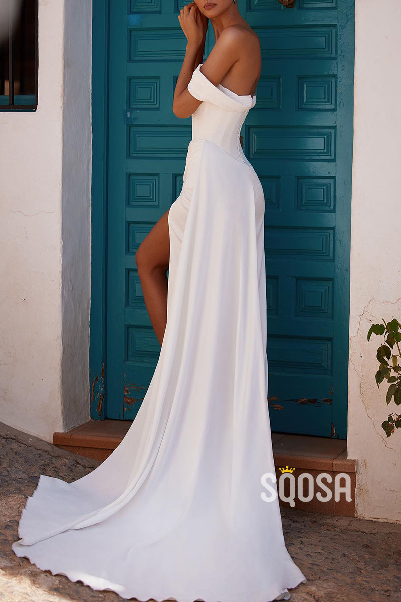 Off-Shoulder Fitted Pleats With Side Slit Train Simple Wedding Dress QW8138