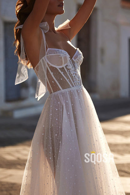 V-Neck Spaghetti Straps A-Line Sheer Tulle Sequined Wedding Dress QW8139