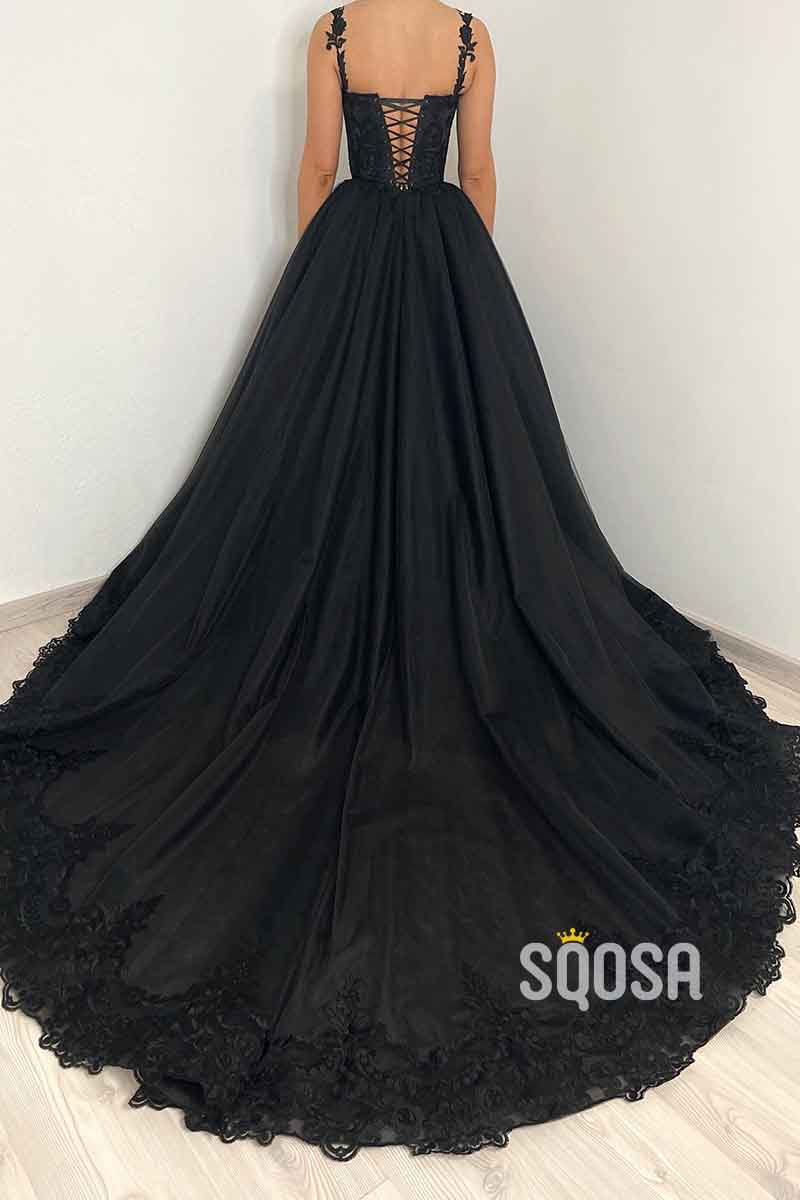 A line Sweetheart Lace Appliques Black Elegant Formal Evening Gowns QP2378