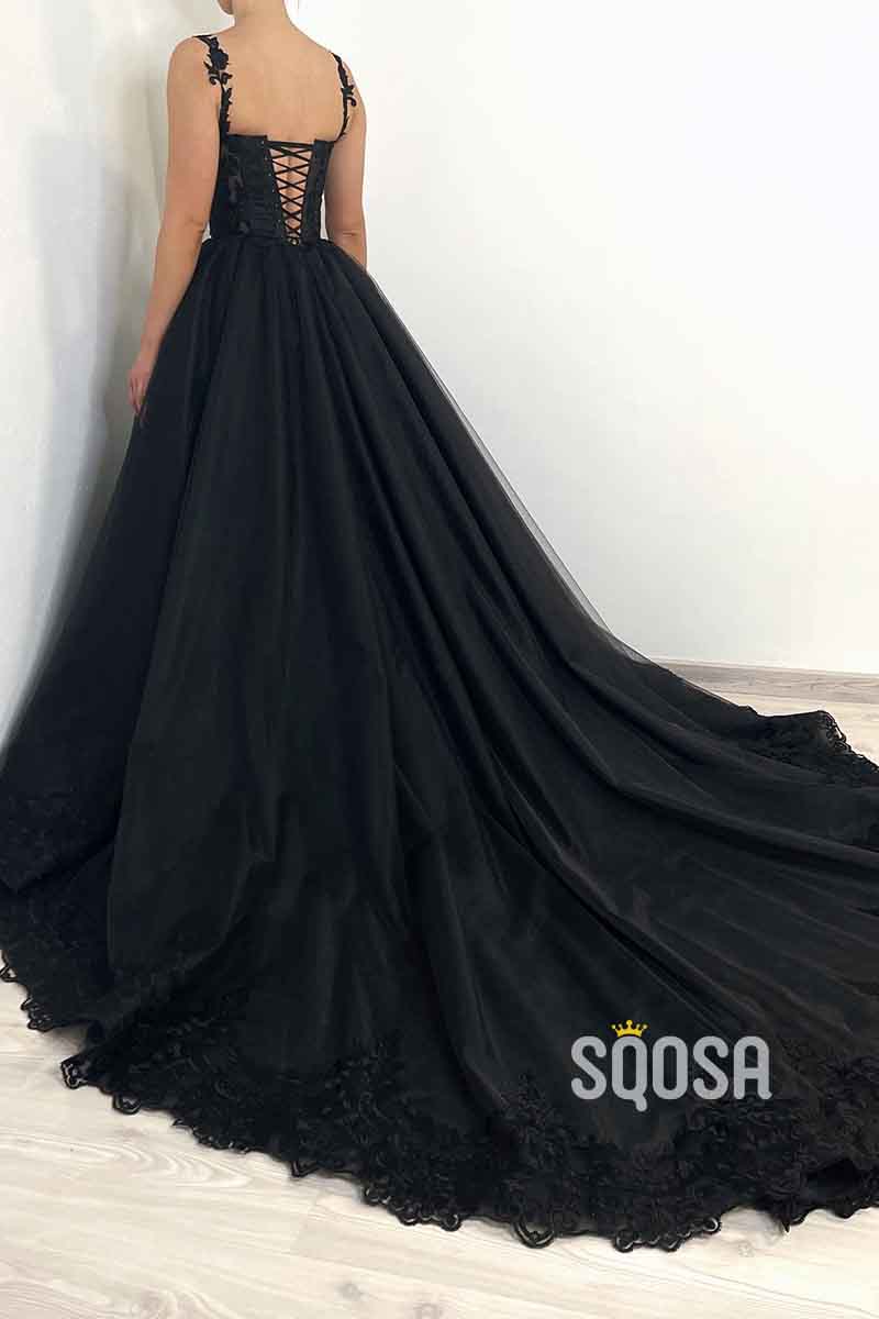 A line Sweetheart Lace Appliques Black Elegant Formal Evening Gowns QP2378