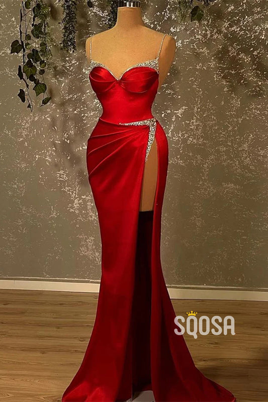 Sweetheart Straps Beaded Red Satin Long Prom Dress With Split Evening Gowns QP3234