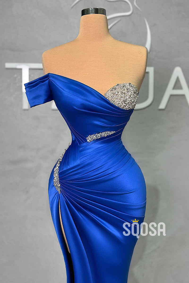 One Shoulder Pleats Beaded With Side Slit Party Prom Evening Dress  QP3359