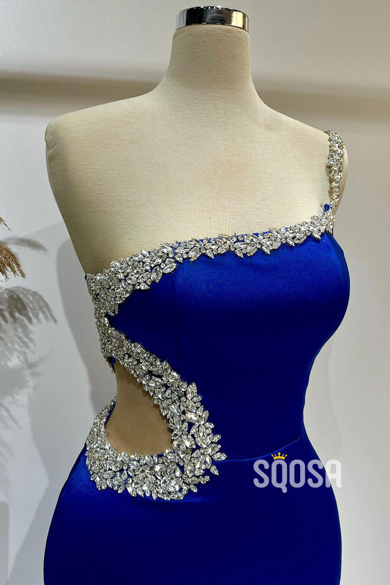Plunging One Shoulder Beaded Satin Blue Long Prom Dress Evening Gown QP2931