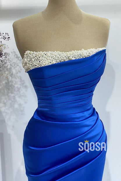 Chic & Modern Strapless Beaded Blue Long Prom Dress Evening Gown QP2842