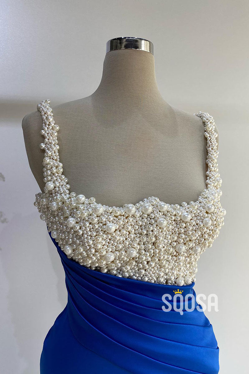 Plunging Beaded Strapless Blue Mermaid Prom Dress Evening Gown with Slit QP2925